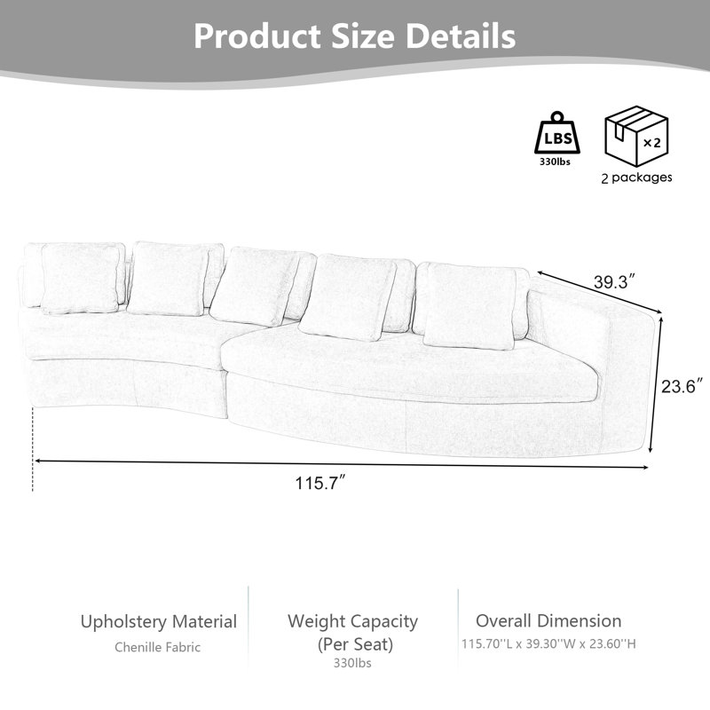 115.7" Chenille Modular Sectional Sofa - 2-Piece Curved Design with 5 Pillows, No Assembly Required, Free-Form Ergonomic Shape