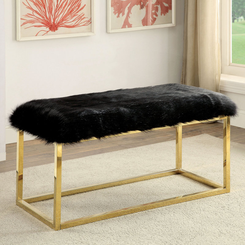 Agrippa Faux Fur Upholstered Bench, Black/Gold