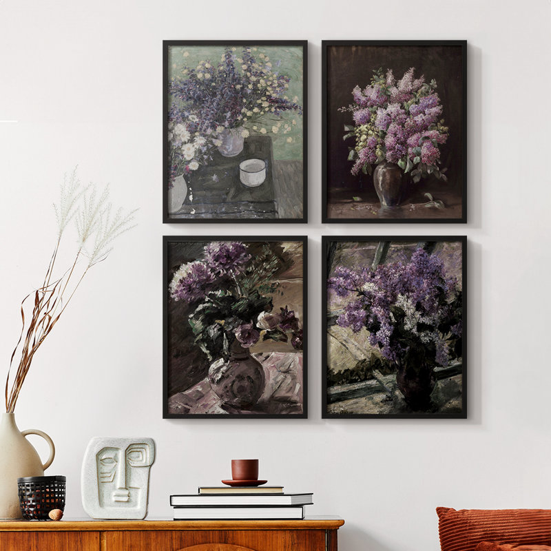 «Vintage Floral Print», impression encadrée CCLXVII - ensemble de 4, Noir, H 32 po x l 10 po