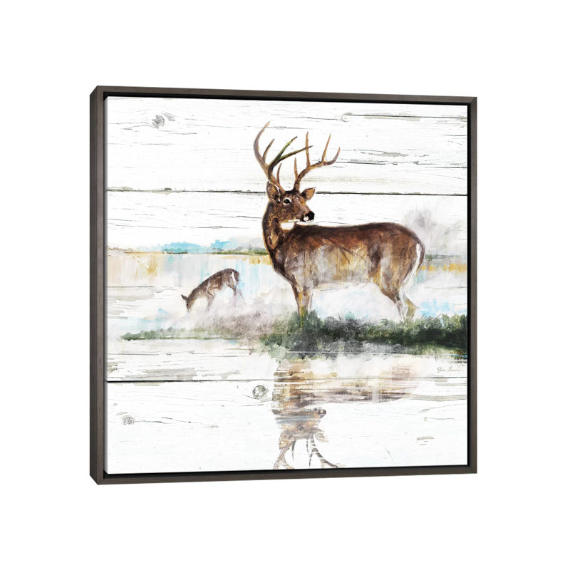 «Rustic Misty Deer» par Ruane Manning - reproduction d'art, H 18 po x l 18 po x 1,5 po, Toile avec cadre gris, Aucun mat