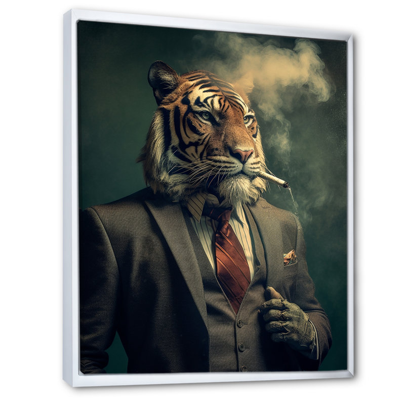 «Stylish Lion in suit smoking», reproduction sur toile, H 32 po x l 24 po x P 1 po, Cadre flottant blanc