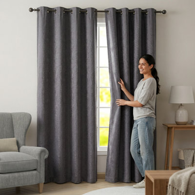 Charcoal Jacquard Ultimate Blackout Curtain - 84-inch Grommet Panel, Thermal Insulating & Noise Reducing Window Drape