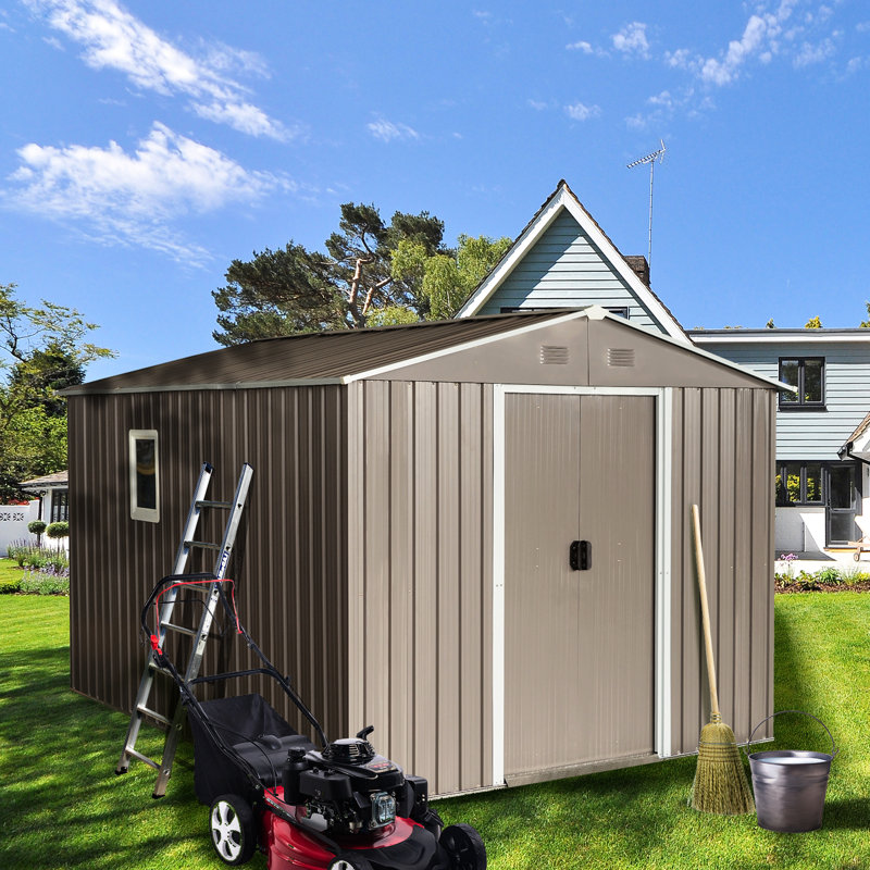 8Ft X 10Ft Outdoor Metal Shed With Foundation, Grey - Strong Galvanized Iron Structure, Window, Punched Vents For Better Airflow, Sliding Doors & Padlock Easy To Build Ventilation, Door, And Anchors