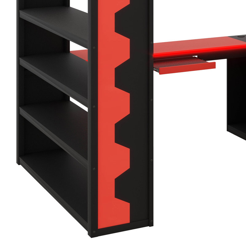 Full-Size Gaming Loft Bed With Built-In Desk & LED Lighting, Pro-Gamer Bed With Power Outlet, Spacious Bookshelf, Pegboard, Keyboard Tray & Storage Drawer