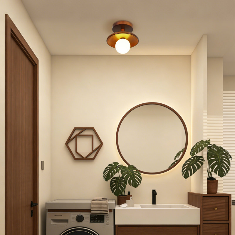 Modern Wood Flush Mount Ceiling Light with Frosted Glass Globe, Natural Wooden Ceiling Light Fixture for for Bedroom Hallway Entryway Kitchen
