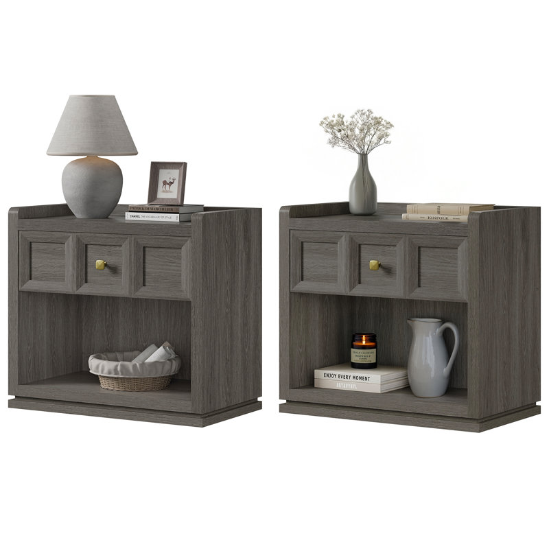 Tables de chevet l 30,7 po Helio avec 1 tiroir et 1 armoire de rangement ouverte, Gris foncé, H 25 po x l 25,7 po x P 15,4 po
