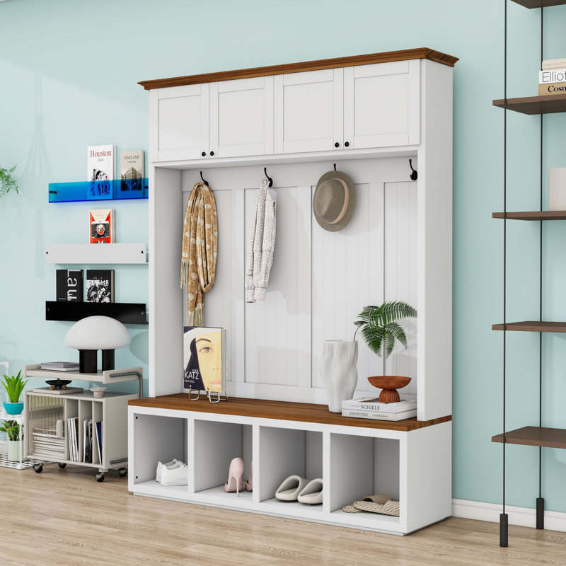 Hall Tree with Storage Bench, 4 Cabinets, 4 Open Compartments and 4 Hooks, White