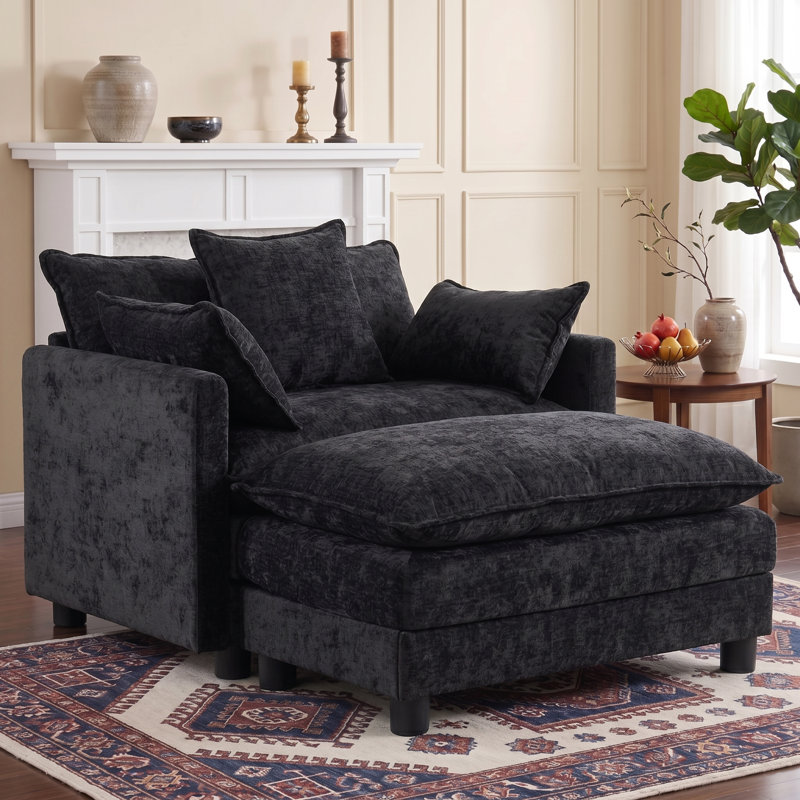 39.4" Modern Accent Chair with Ottoman, Living Room Club Chair Chenille Upholstered Armchair , Reading Chair for Bedroom, Beige Chenille