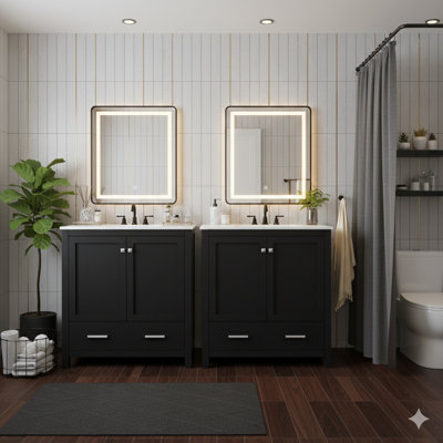 Ensemble de meuble-lavabo noir de 60 pouces avec deux meubles-lavabos séparés, deux lavabos en céramique, une tablette de rangement et des tiroirs séparés (miroir non inclus) - une solution de salle de bain contemporaine pour les grandes salles de bain
