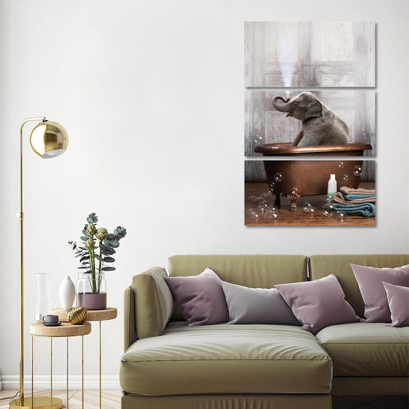 Trinx Elephant In The Tub On Canvas by Domonique Brown Set | Wayfair