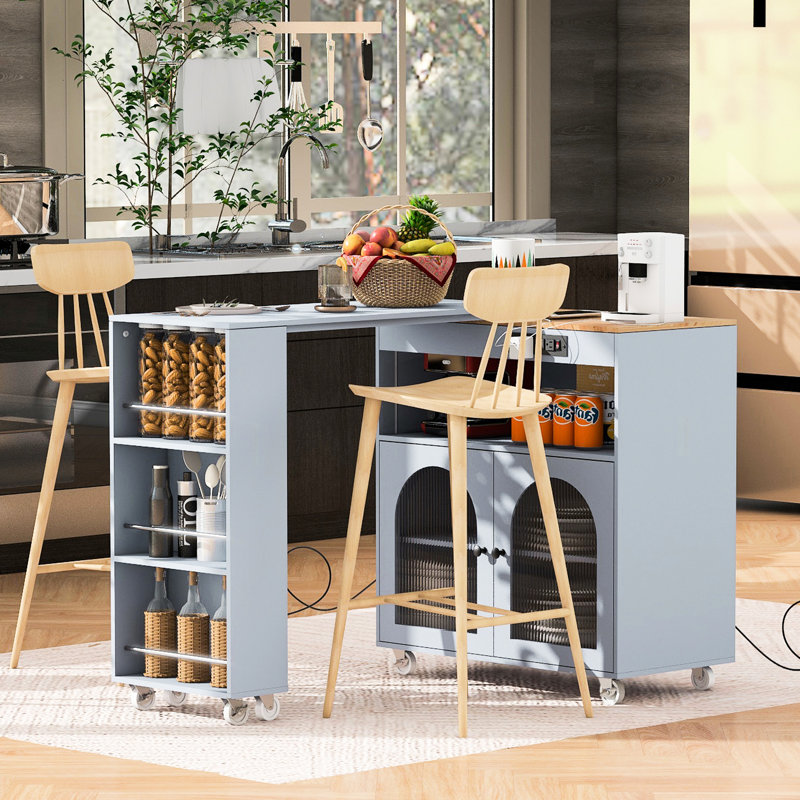 Îlot de cuisine avec table réglable, portes en verre cannelé, lumières à DEL et ports roulants à connexion électrique gris, espace de rangement spacieux,