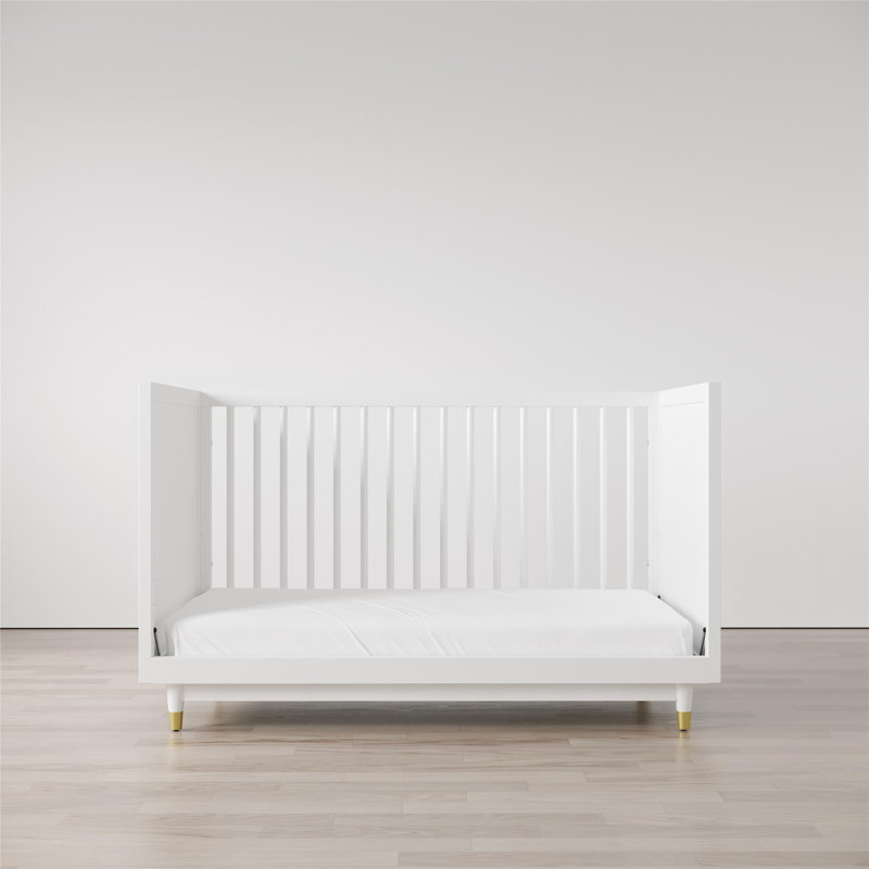 White High-Gloss Wood 3-in-1 Convertible Crib with Gold Accents