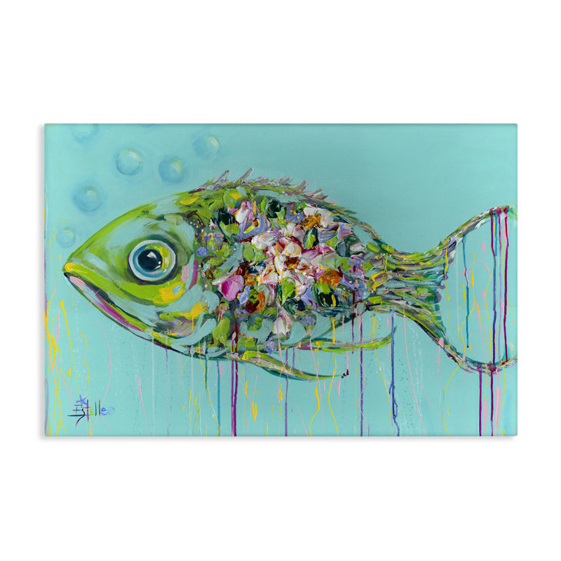  «Painterly Drip Fish», art mural sur toile par Estelle Grengs, H 30 po x l 45 po