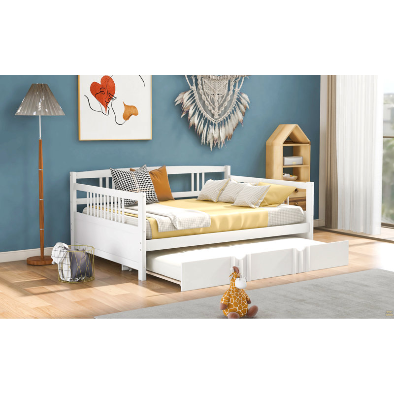 Lit de jour double en bois avec lit gigogne simple, Lit double, Blanc