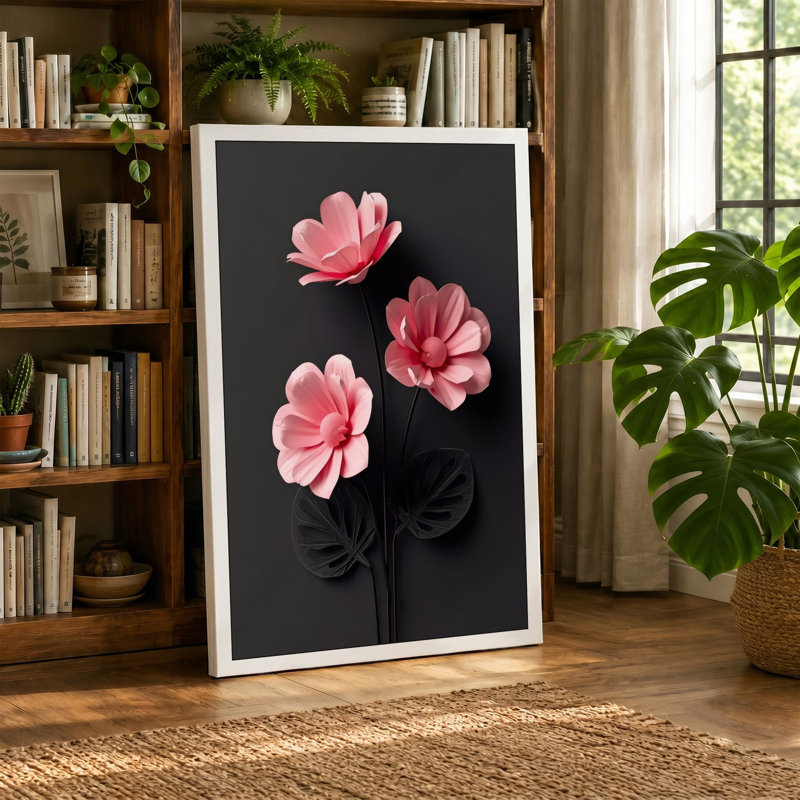 Three Pink Blooms Minimalist 1 Piece Wrapped Canvas Wall Art, 24x16 - 61.0 x 40.6 cm, Ochre Border