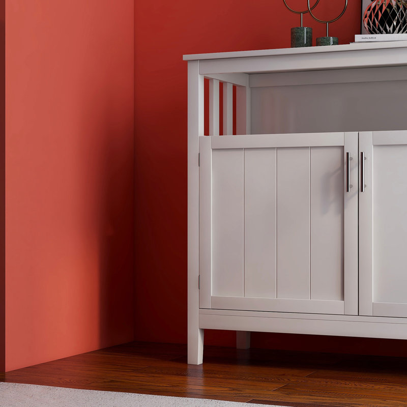 White Buffet Server Cabinet For Kitchen. E1 Material. Painted Top And Shelves. Large Storage Capacity With Adjustable Shelf. Easy Assembly Kit Included. Secure Magnetic Door Kitchen Side - White.