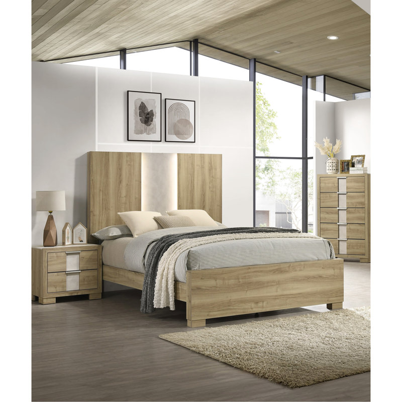 Très grand lit contemporain avec finition en bois flotté naturel et éclairage intégré pour la finition de la chambre à coucher, conception subtile encastrée