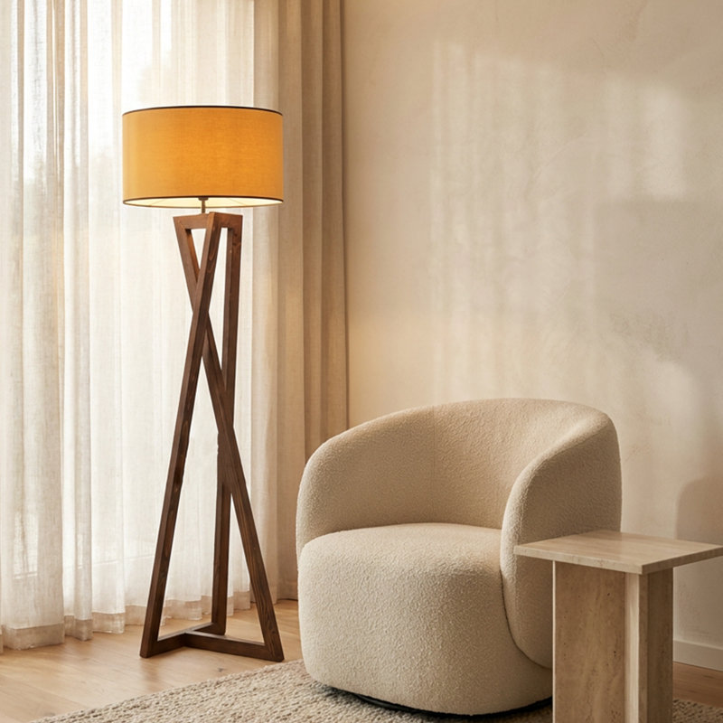 Lampe sur pied à abat-jour cylindrique en noyer nordique et moutarde