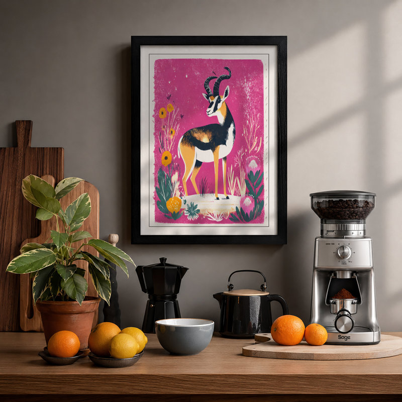 Gazelle In Bloom Mid-Century - Single Picture Frame Print, A3 - 42.0 x 29.7 cm, Black