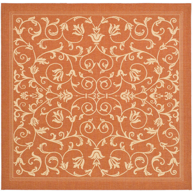 Tapis intérieur / extérieur à motif floral terre cuite / naturel Arneshia, Carré de 7 pi 1 po