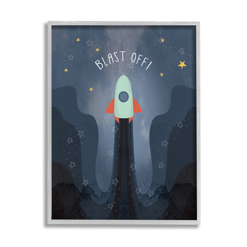«Blast Off», fusée bleue rétro avec étoiles, ferme surdimensionnée rustique surdimensionnée, estampe numérique, art texturé par Daphne Polselli