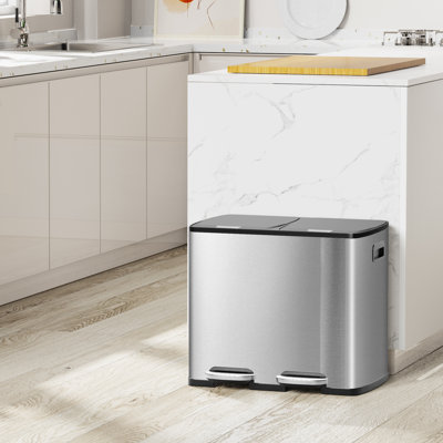 Ksskss Dual Trash Can With Lid, Stainless Steel Kitchen Step Garbage Can, Double Compartment Classified Rubbish Bin With 2 Plastic Inner Buckets