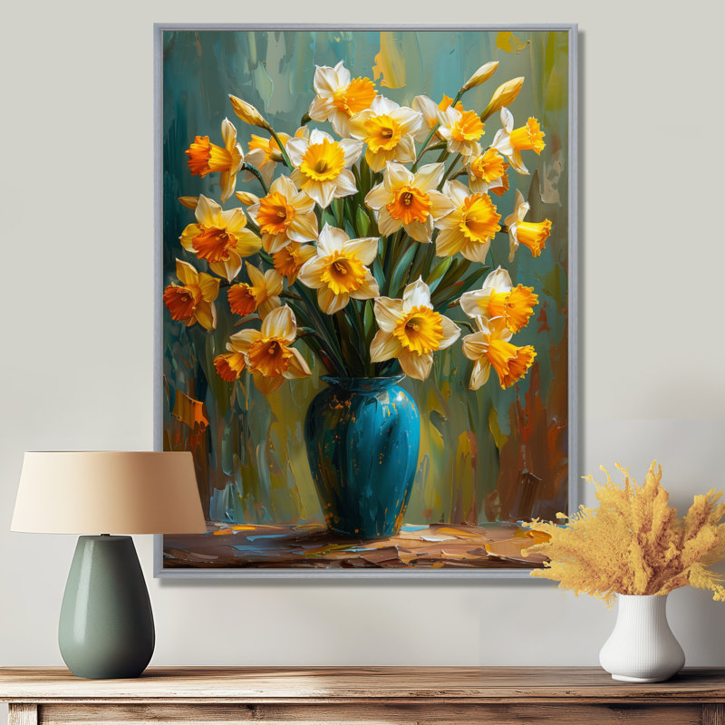 «Yellow Orange Vibrant Symphony Daffodils - Daffodils», reproduction d'art murale, H 34 po x l 44 po, Encadrement argenté