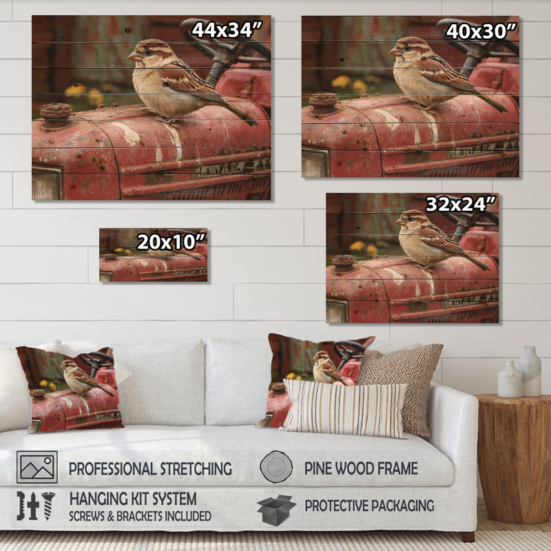 Oiseau moineau sur le tracteur II - Art mural en bois oiseau - sur bois de pin naturel, H 34 po x l 44 po x P 0,78 po