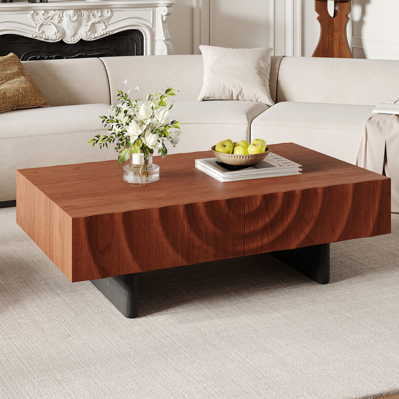 47" Rectangular Wood Coffee Table With 4 Storage Drawers & Ripple Side Design