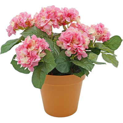 Premium Quality Artificial Hydrangea Flower Bush in Terracotta Coloured Pot (50cm) with Nine Flower Clusters for