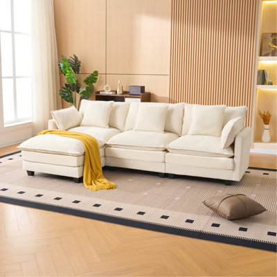 Canapé 3 places de couleur beige avec repose-pieds pour le salon, la chambre à coucher et la chambre compacte, canapé modulaire rembourré, banc en L avec repose-pieds