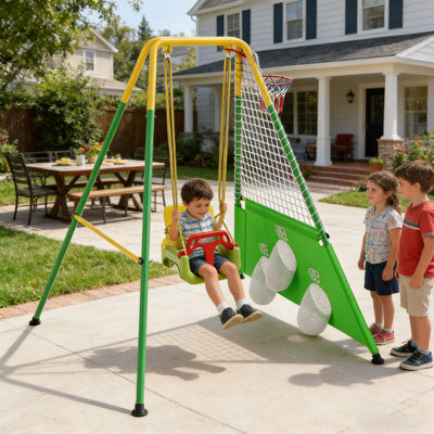 Ensemble de balançoire pour tout-petits 3 en 1 avec panier de basketball et buts de soccer, balançoire pour bébé intérieur / extérieur avec support en métal pliable, ensemble de balançoire pour enfants pour la cour, instructions claires, facile à assembler et à ranger