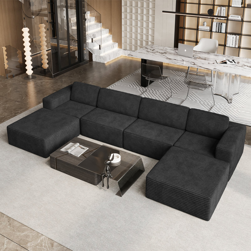 Modular Corduroy 404cm 4-seater Sofa With 2 Ottomans, No Assembly Required, With High Rebound Sponge, Black