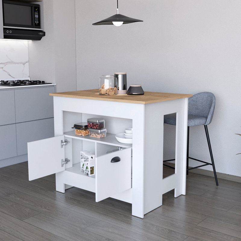Modern White Kitchen Island - 3 Shelves For Organized Kitchenware Storage 2-door Functional Shelf Design, White