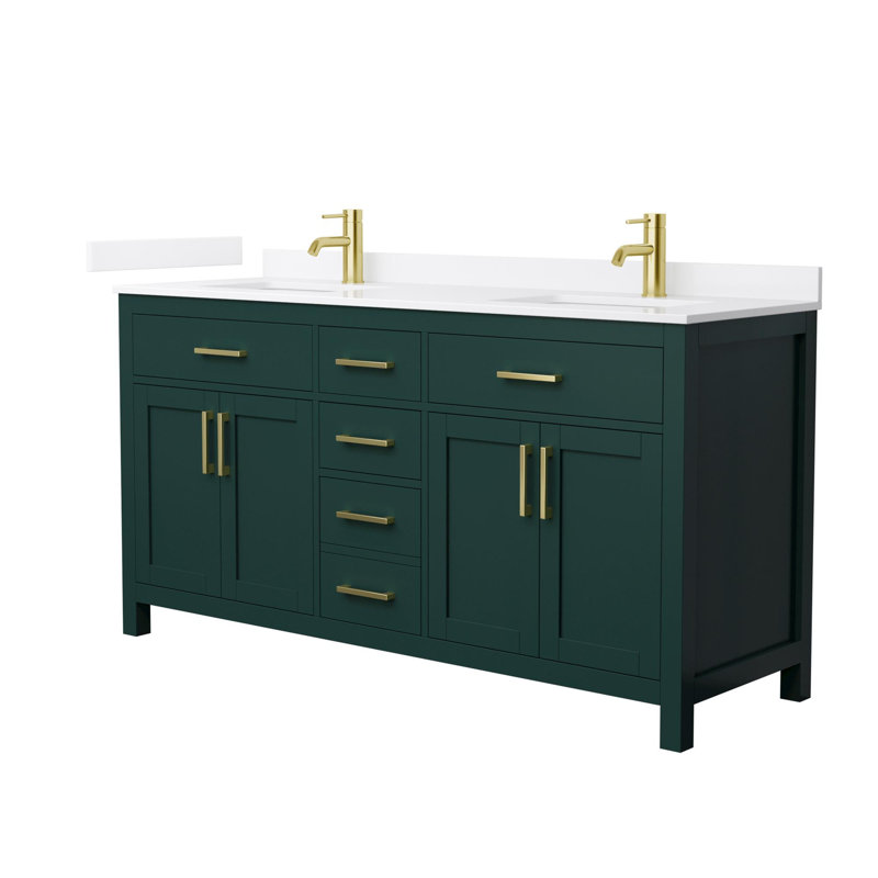 Beckett 66" Freestanding Double Bathroom Vanity with Quartz Top, Green, Brushed Gold, White Quartz