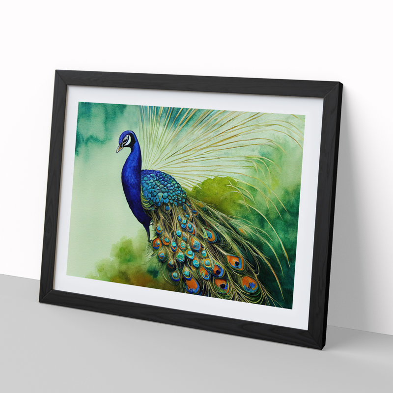 Watercolour Peacock - Single Picture Frame Print, Black Framed, 25cm H x 34cm W x 2cm D