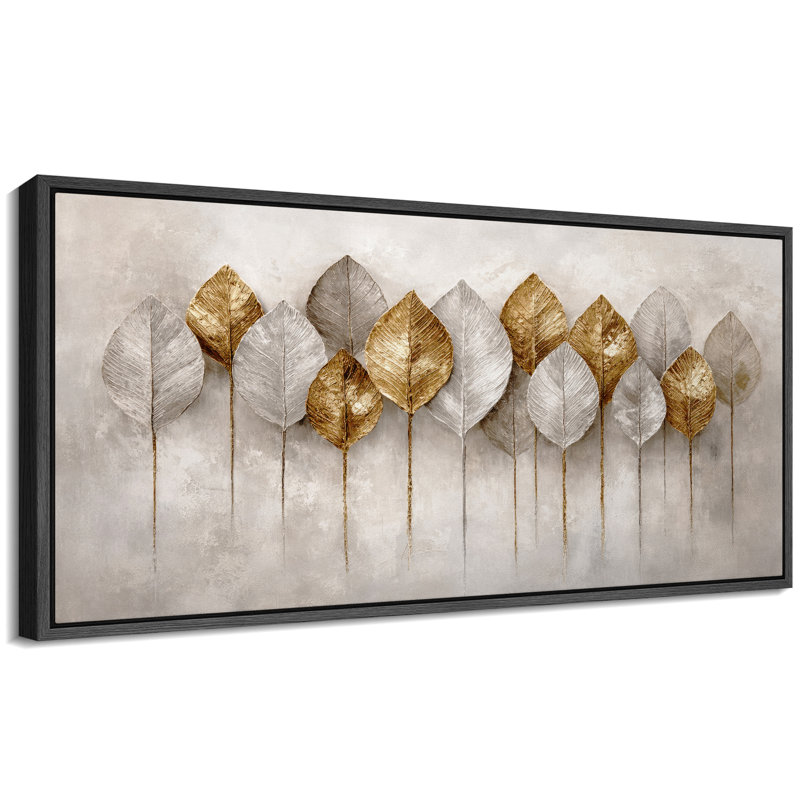 «Neutral Metallic Leaf Arrangement», impression botanique moderne sur toile encadrée, Noir, H 30 po x l 60 po x P 1,5 po