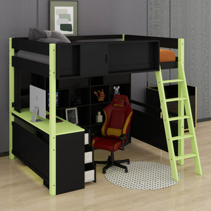 Designs Full Size Gaming Loft Bed With Built-In Desk & LED Lights, Wooden Loft Bed With Wardrobe & Drawer, Black/Green