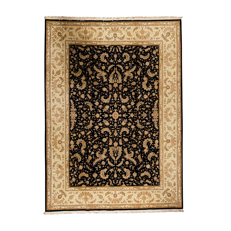 Tapis rectangulaire noir / or / ivoire en laine noué à la main 9 pi x 12 pi