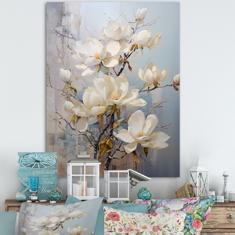 «White and Blue Magnolia Blossom Beauty», reproduction sur toile, Toile tendue, H 32 po x l 16 po x P 1 po