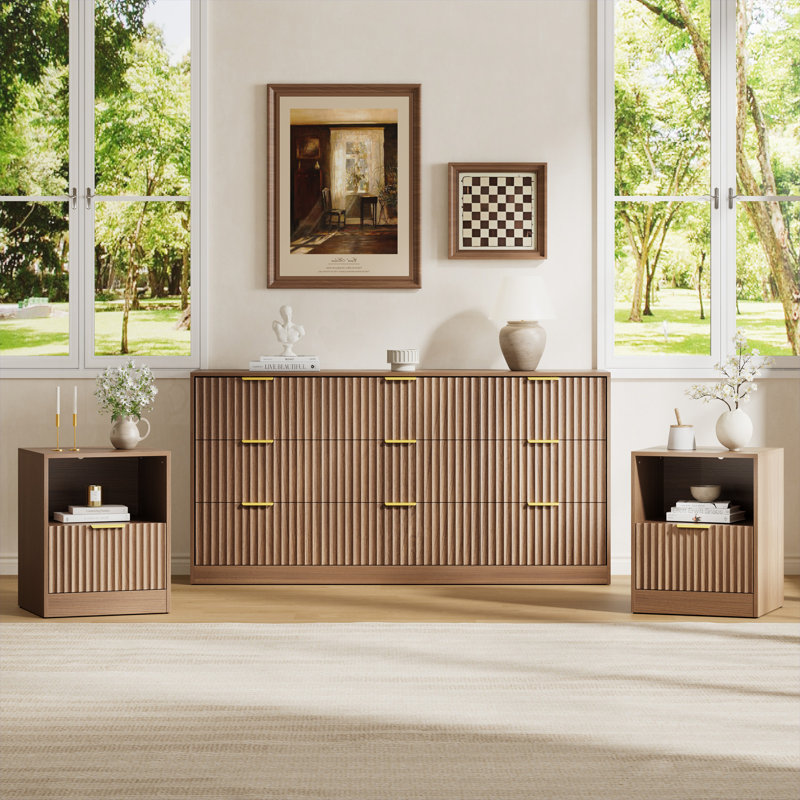 Ensemble 3 pièces commode 9 tiroirs et table de chevet 1 tiroir, Brun