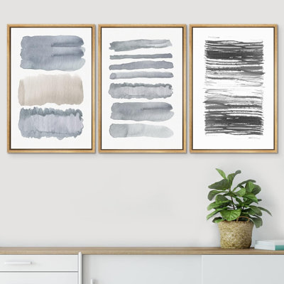 " Grey & Black Watercolor Paint Stroke Collage Abstract Shape Illustration Modern Art Chic Relax Calm " 3 - Pieces