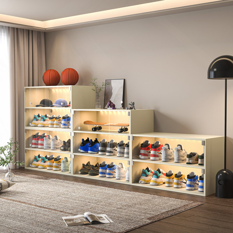 Off White Glass Door Shoe Box Shoe Storage Cabinet For Sneakers With RGB Led Light, Off White