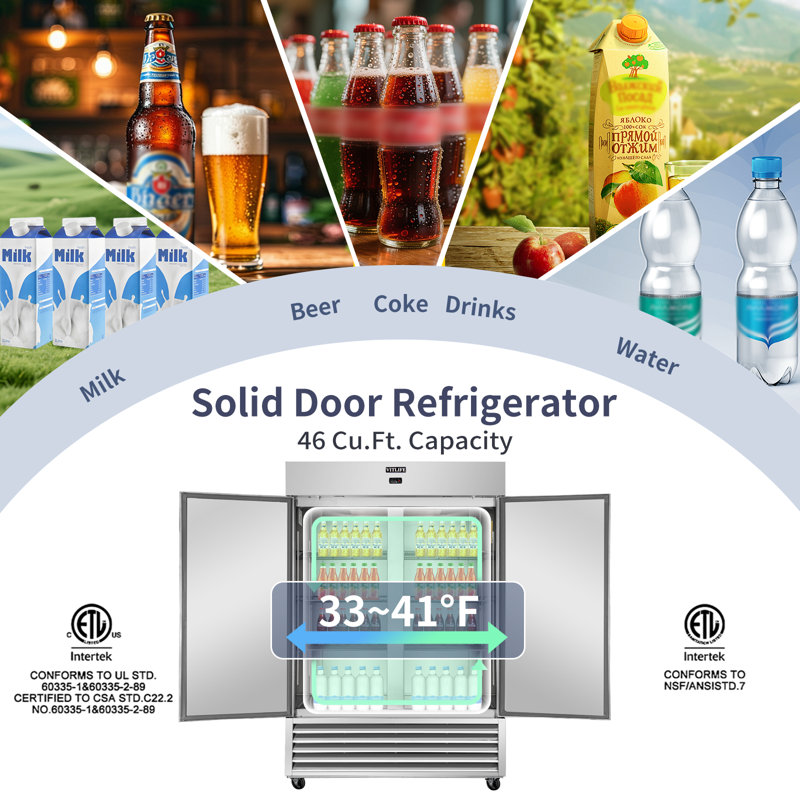 VITLIFE 54" W Commercial Reach-in Freezer with Double Glass Door , Auto-Defrost, 46 cu. ft. Bottom Mounted, Stainless Steel Upright Display Refrigerator for Restaurant, Bar, Shop, 33°F to 41°F