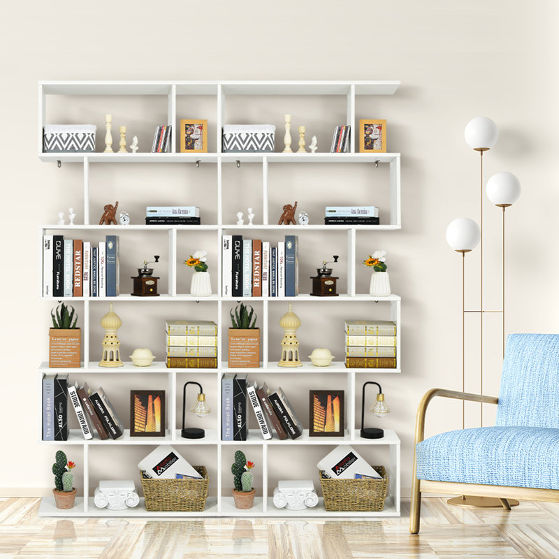 Nafeeza 192cm H x 80cm W Geometric Bookcase, (6 Shelves) 192cm H x 80cm W x 23cm D"., White