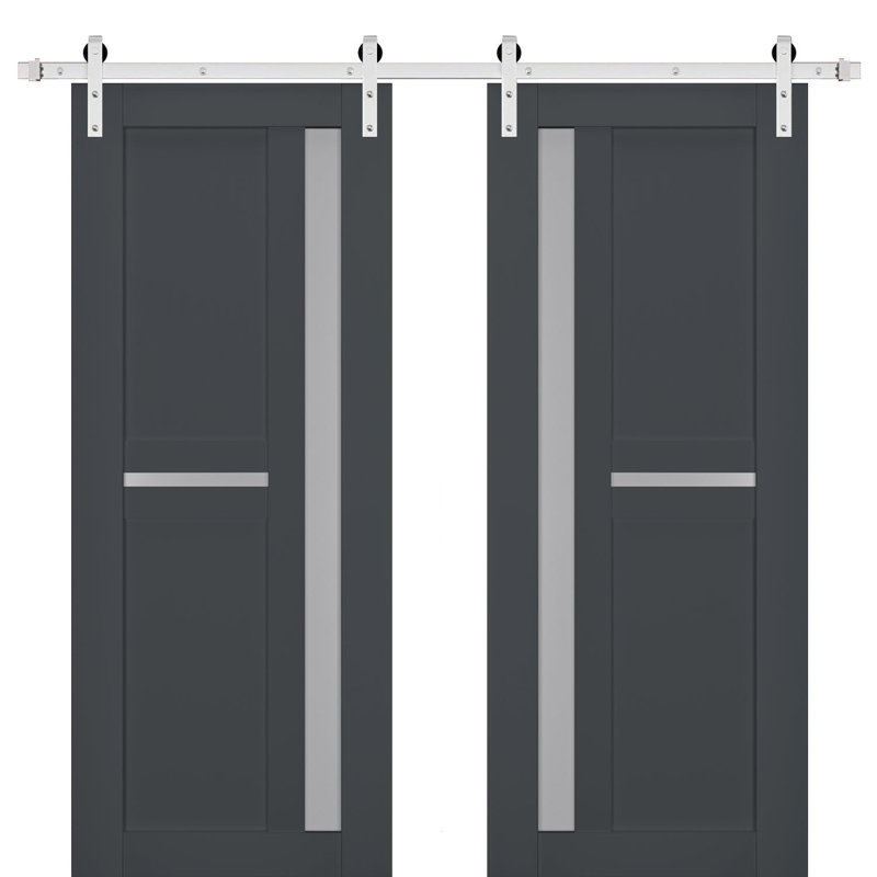 Porte de grange double robuste avec verre dépoli Veregio 7288 Anthracite, supports de rail de 13 pi, portes intérieures à panneaux pleins et lourds - 36 po x 80 po (2 x 18 po x 80 po) - Rail argenté