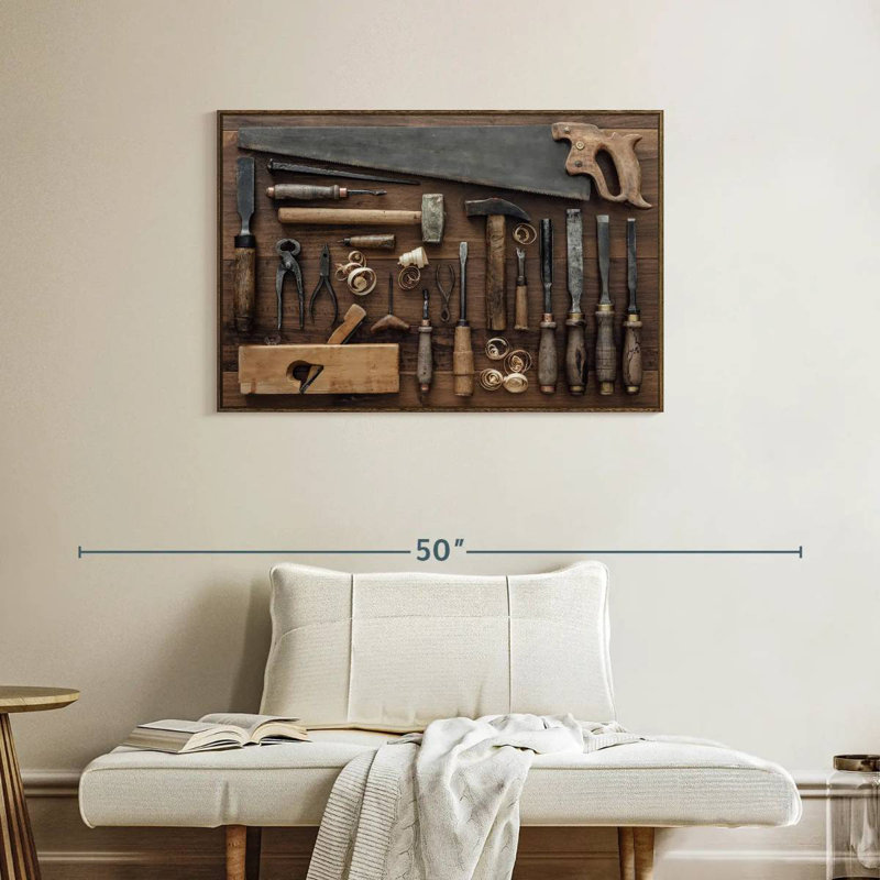 Old Carpentry Tools, 37" X 25", Floating Frame Walnut