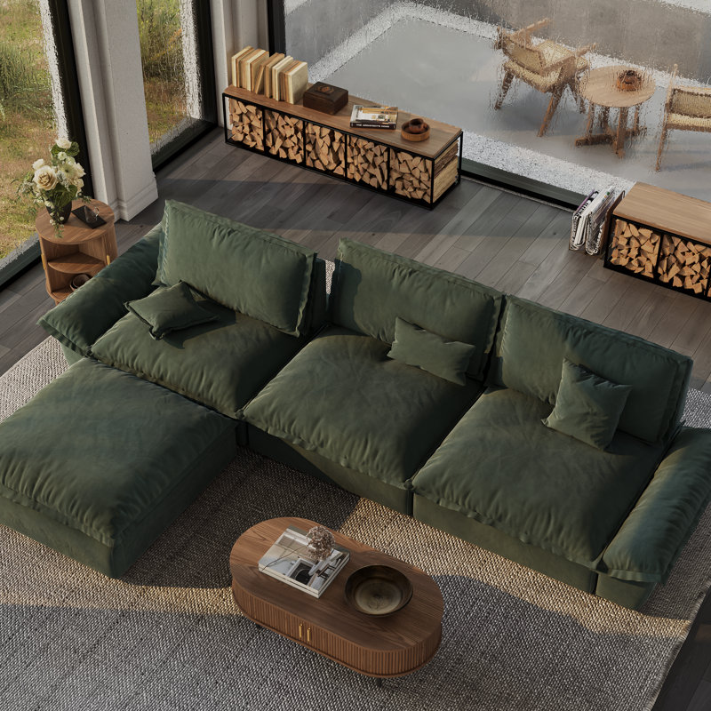 Fernando 141.73" Sailboat Deep Sofa Stain Resistant Cozy Couch With Ottoman, L-Shaped 4 Seater Sofa For Living Room, Green