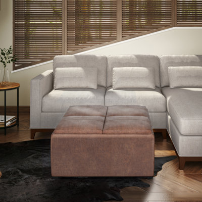 Avalon 35"W Upholstered Distressed Vegan Leather Modern Square Coffee Table Storage Ottoman with 4 Trays