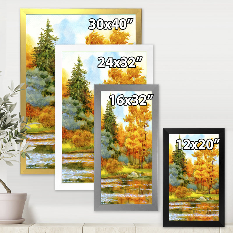Forêt automnale au bord du lac I - Peinture sur toile, Toile avec cadre noir, H 40 po x l 30 po x 1,5 po